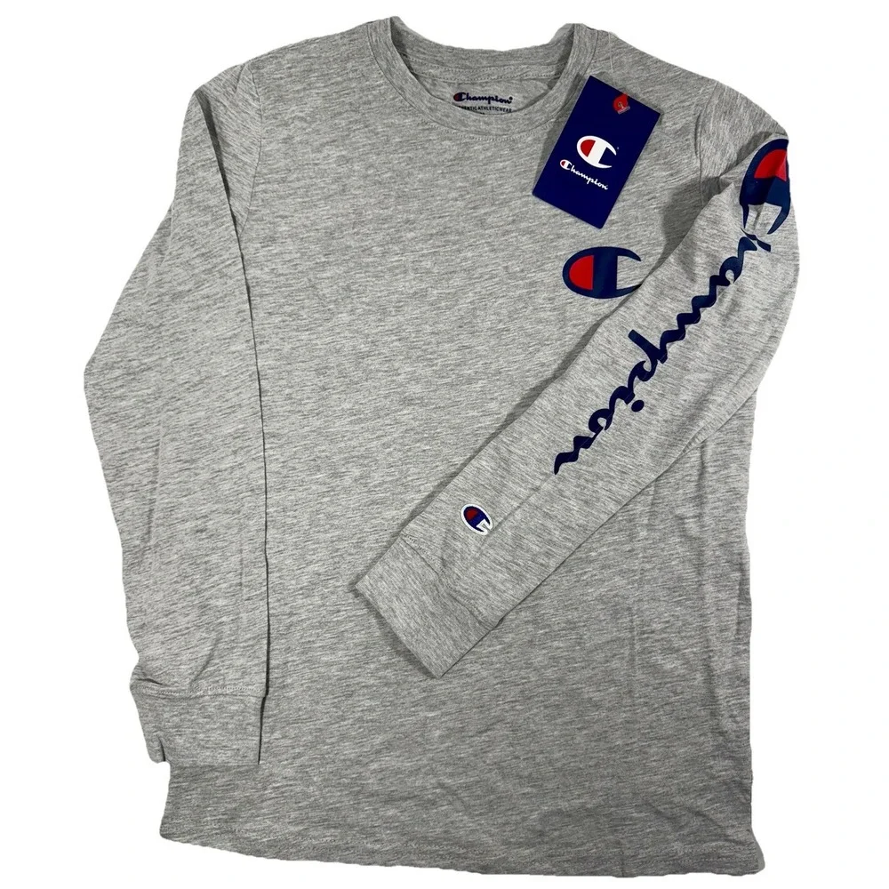 Champion Boys M Long Sleeve Oxford Heather Logo Shirt NWT Medium Athletic Tee